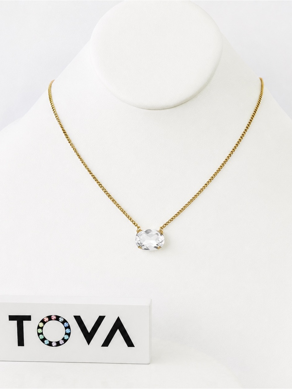 TOVA IZA Gold Chain Necklace with Clear Oval Crystal Pendant